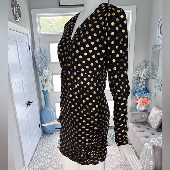 New 🖤💛 Elegant Black and Gold Polka Dot Long Sleeve Mini Dress - Picture 3 of 17